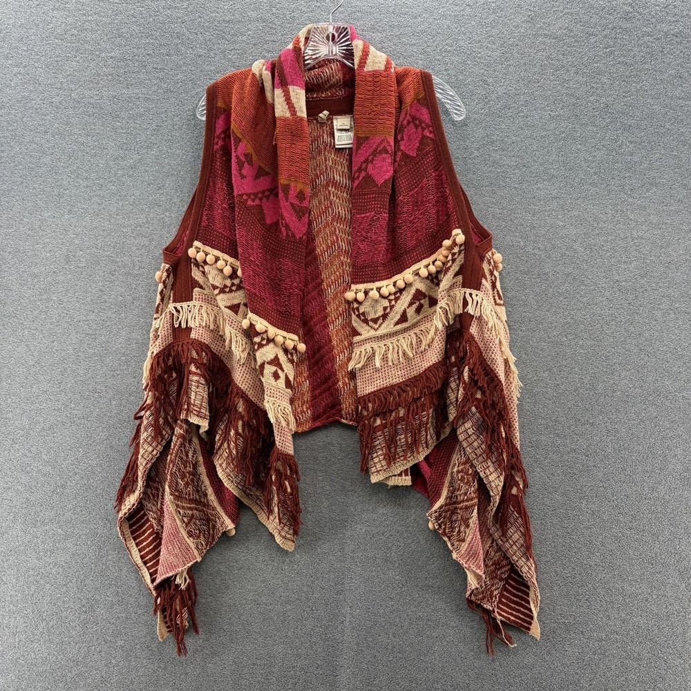 Moth Sweater Vest Women Medium Red Durango Patchwork Fringe Open Front Boho Knit
